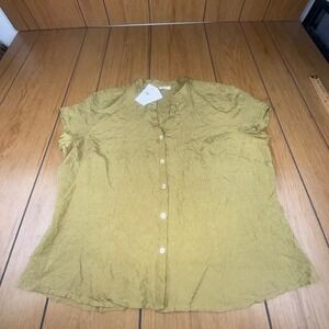 J.Jill Women's Kiwi Green Crinkle Silk Short Sleeve V-Neck Button Up Shirt Top L